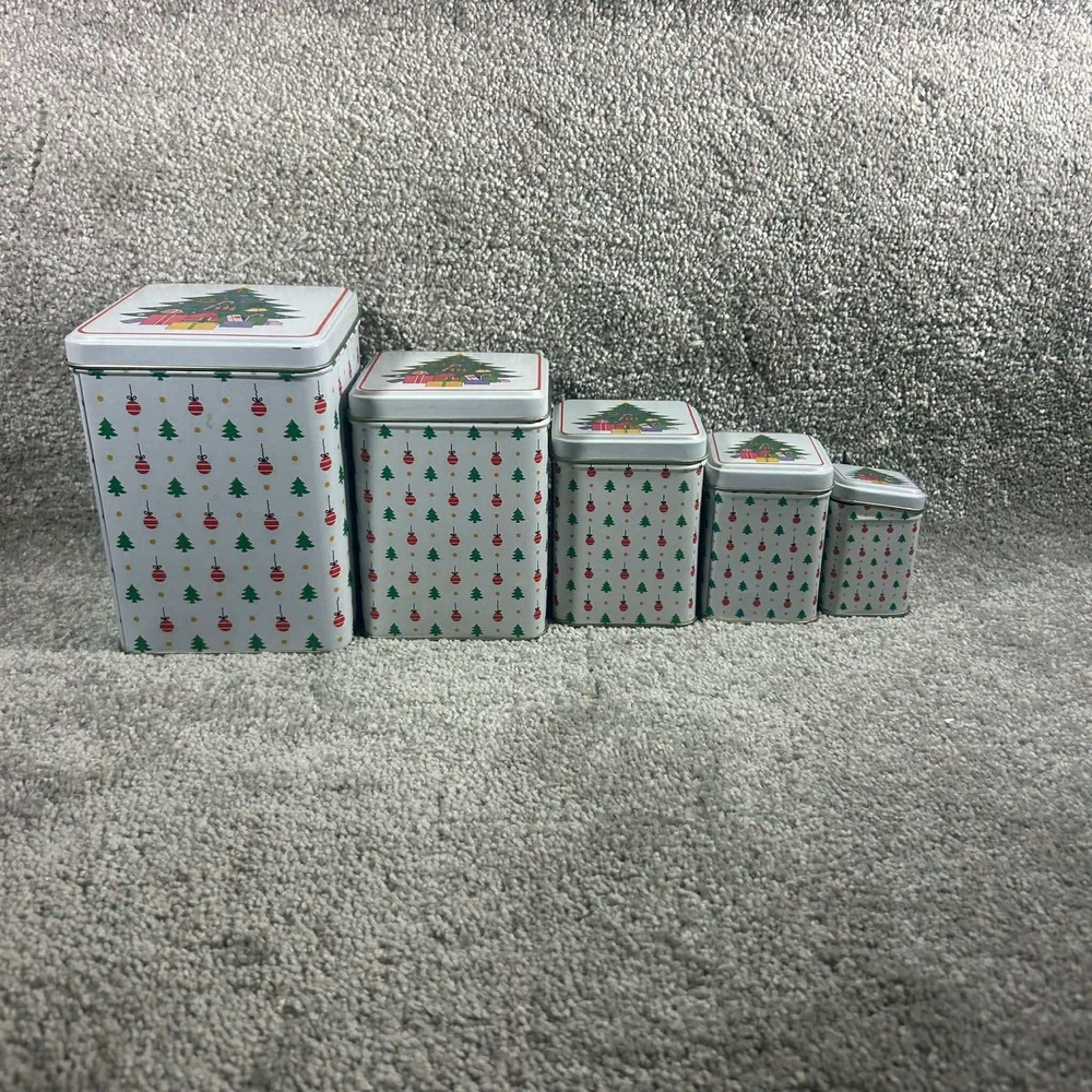 Nesting Christmas Tins White Green Red Holiday‎ Storage Set of 5